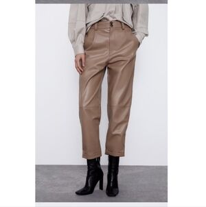 ZARA | Faux Leather Pants Cropped Beige Sz L